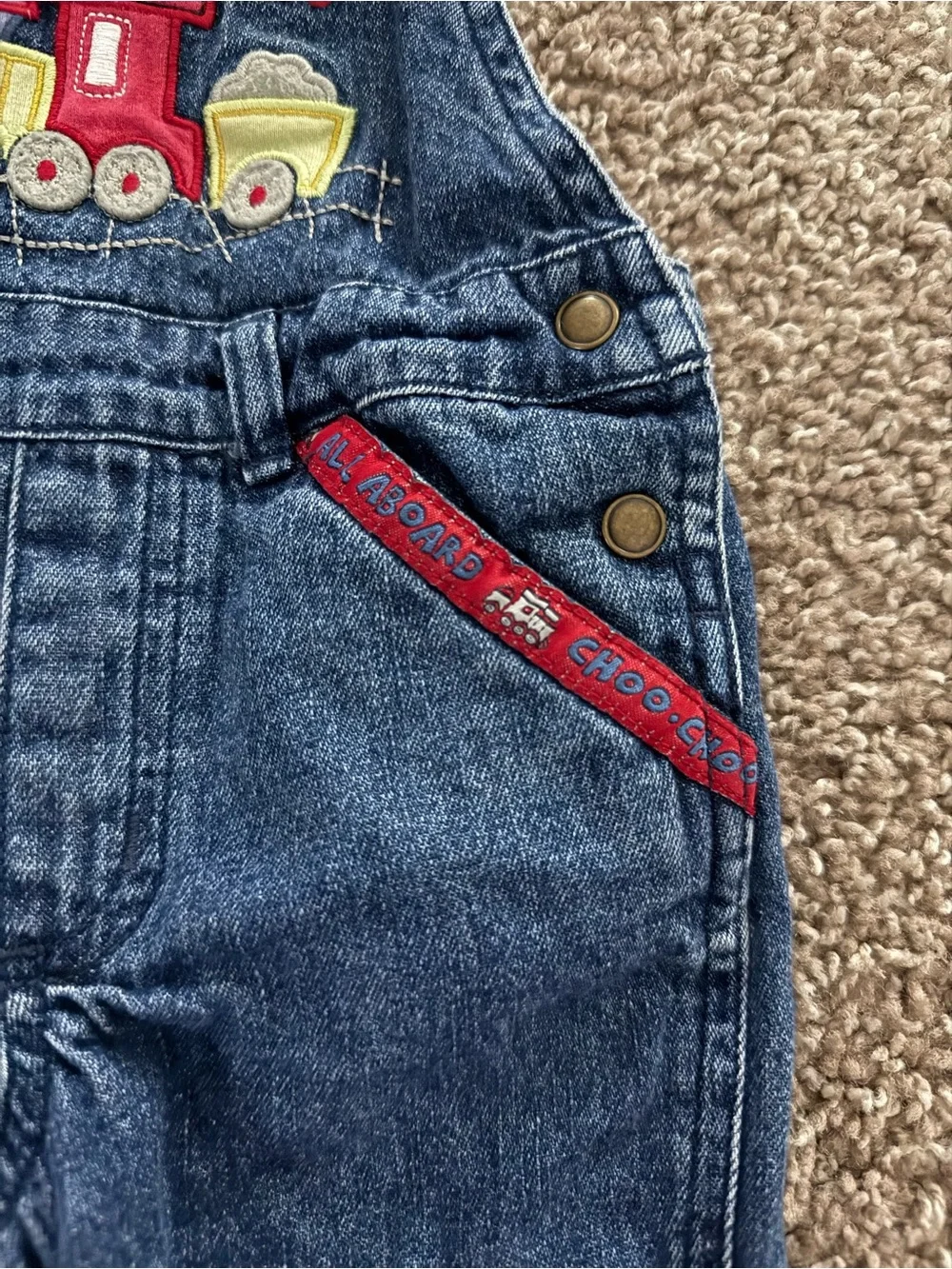 Vintage Y2K Koala Baby 3-6M Denim Train Overalls Embroidered Halloween Costume